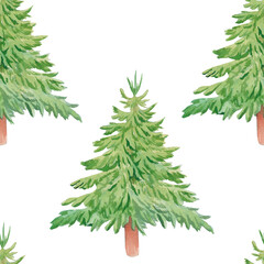 Christmas tree seamless hand drawn watercolor pattern isolated on white. Evergreen trees background for nature designs, eco-friendly decor, and seasonal themes, packaging, decorations, gifts