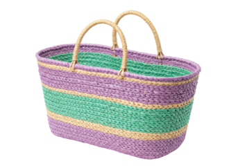 Isolated woven tote bag with handles, lilac, green and cream stripes, for shopping, storage