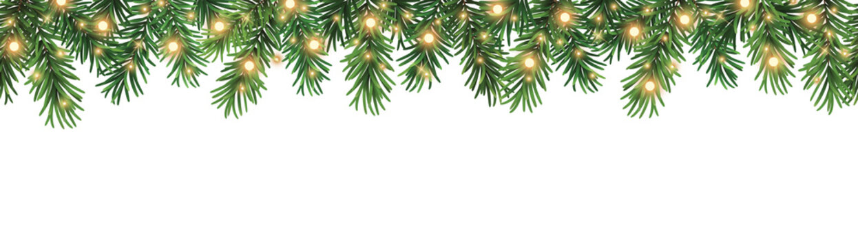 Seamless decorative vector christmas border with coniferous branches and garlands of christmas lights on transparent background	
