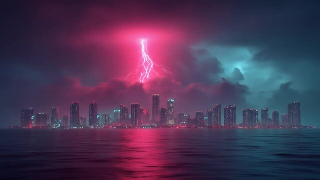 A cityscape glistens amidst a stormy night, illuminated by crimson lightning bolts over the water - Powered by Adobe
