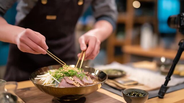 A food stylist, their fingers precise, arranges Pyeongyang Naengmyeon in a yugi brass bowl for a photoshoot, the studio&rsquo;s lights bright. The bowl&rsquo;s polished surface reflects, holding noodles in