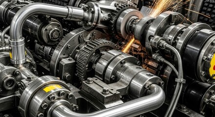 Industrial metalworking machines in action with sparks flying from grinding process