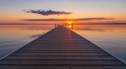 Naklejka premium Serene lake pier at sunrise: tranquil waters and vibrant horizon