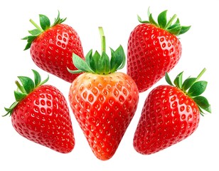 Five vibrant red berries with green leafy tops, presented on white