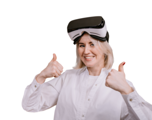Excited Blonde caucasian woman in white shirt and virtual headset on forehead looks at camera stands against transparent background shows thumb up gesture. Future technologies, leisure activities