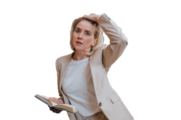 Overworked blonde American businesswoman in beige suit holds diary touches head tired thinks of deadline sitting on transparent background