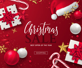 Vector Xmas sale web banner for holiday discount offers. Red festive background with realistic Santa&rsquo;s cap, candy canes, gift boxes with bows, Christmas balls, 3D stars, golden snowflakes, and ribbons