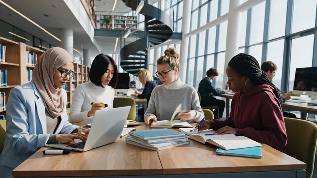 Diverse group of female students studying together at large modern library table