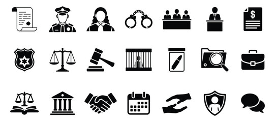 Collection of law and justice icons, representing legal processes, and the pursuit of fairness