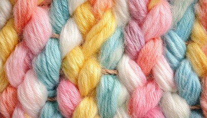 Close-Up of Soft Pastel Yarn Texture with Braided Threads in Yellow, Turquoise, Coral, and White