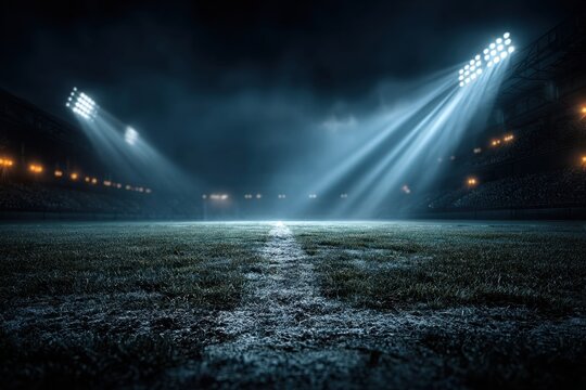Empty football field at night under bright stadium lights awaits players for game play