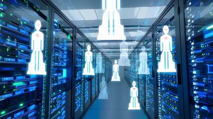 A data center with glowing figures in the aisle, futuristic digital environment - Powered by Adobe