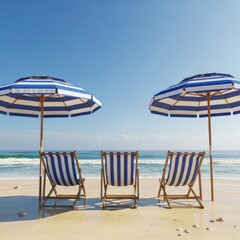 Obraz premium Tranquil Beach Escape: Striped Umbrellas and Chairs Under Azure Sky Reflecting Sea