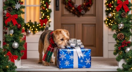 Terrier wearing plaid scarf investigating blue wrapped gift box with snowflake pattern on festive entrance decorated with garlands, bows, and ornaments