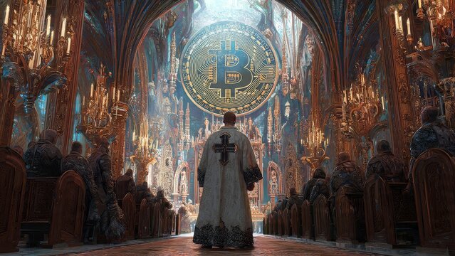 A man in a ceremonial robe faces a large illuminated Bitcoin symbol in an ornate cathedral like interior
