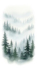 Obraz premium Ethereal forest watercolor painting depicting misty hills in winter season scene