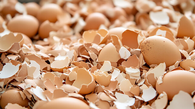 A close-up shot showcases a pile of brown eggshells and whole eggs. The textures are visible, with a focus on natural tones and organic shapes for a rustic and culinary theme. - Powered by Adobe