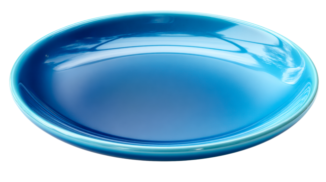 Blue glass bowl with reflected sky and clouds
