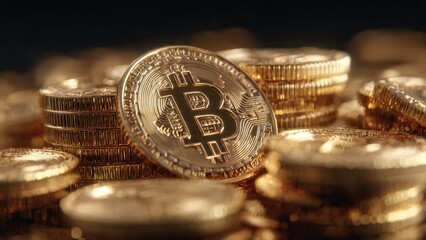 A close up shallow depth of field view of shiny gold Bitcoin cryptocurrency coins stacked and scattered