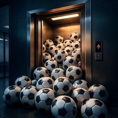 Surreal scene of soccer balls overflowing from elevator doors in a modern office, a metaphor for sports achievement and success