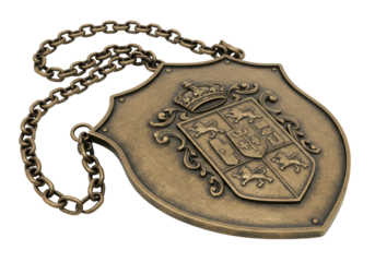 Isolated Bronze Shield, Medieval Coat of Arms with Crown, Chain for Collection or Decoration