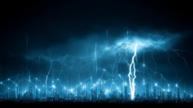 A digital cityscape under a stormy sky, illuminated by a lightning strike and connected networks