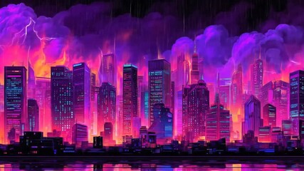 A neon-lit cityscape glows under a stormy sky, bolts of lightning striking from purple clouds