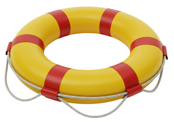 Isolated yellow lifebuoy with red stripes and rope protection, ready to save lives in water