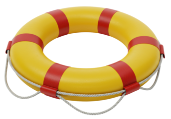 Isolated yellow lifebuoy with red stripes and rope protection, ready to save lives in water