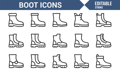 Fototapeta premium Line art icons representing different types of boots for clothing and fashion themes