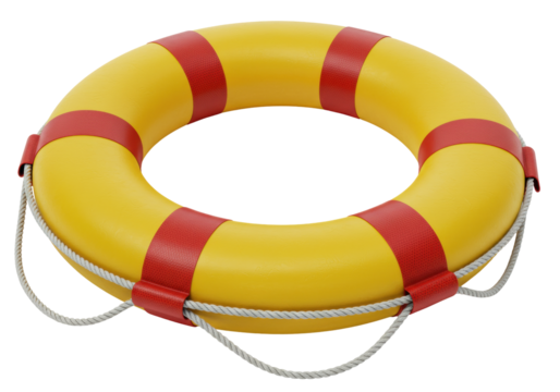 Isolated yellow lifebuoy with red stripes and rope protection, ready to save lives in water