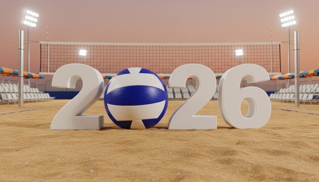 Beach volleyball. numbers 2026 with zero as beach volleyball ball on golden sandy beach volleyball court. concept of beach sports summer events athletic lifestyle