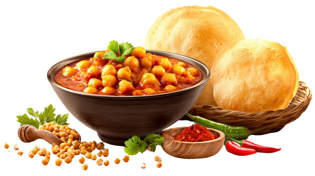 Indian chickpea curry served with puffy fried bread and spices