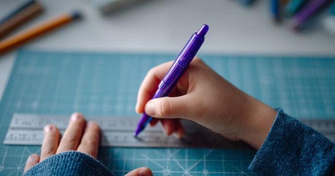 Close-up of a person using a purple pen and metal ruler on a blue cutting mat for precise drawing or crafting work - Powered by Adobe