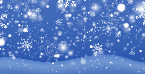 White falling snow, big snowdrifts, different snowflakes, festive Christmas background