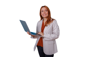 Professional businesswoman smiling, standing with laptop, working, redhead and confident on transparent background