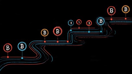 Abstract representation of Bitcoin cryptocurrency growth with circuit lines and nodes