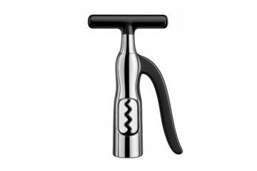 Lever corkscrew for wine bottle opening, a modern metallic and black kitchen accessory or bar equipment