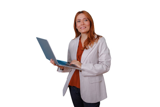 Professional businesswoman smiling, standing with laptop, working, redhead and confident on transparent background