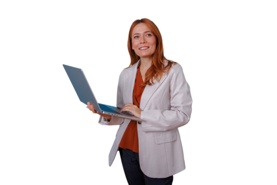 Professional businesswoman smiling, standing with laptop, working, redhead and confident on transparent background