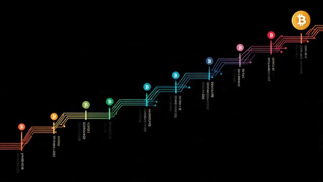 Bitcoin digital currency network with colored circuit lines and blockchain transaction codes