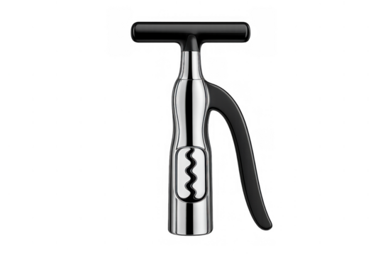 Lever corkscrew for wine bottle opening, a modern metallic and black kitchen accessory or bar equipment