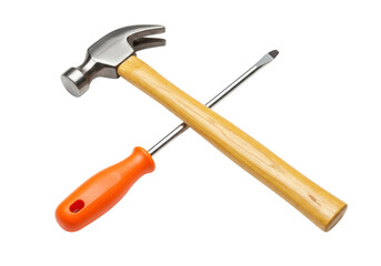 Isolated claw hammer and screwdriver laying crossed, tools set up for repair, construction