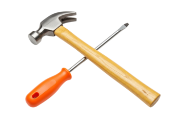 Isolated claw hammer and screwdriver laying crossed, tools set up for repair, construction