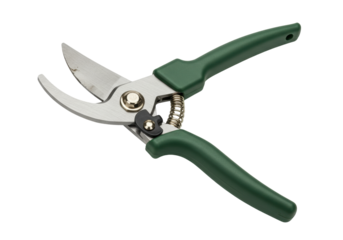 Isolated bypass pruner with dark green handles lies on its side against a plain backdrop