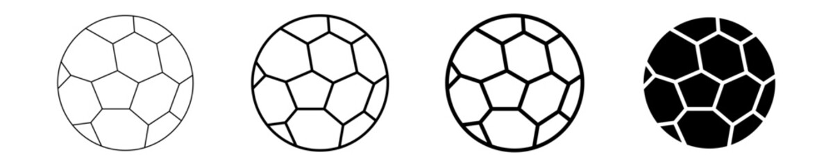 Fototapeta premium Set of four soccer ball icons in different outline weights and a solid black fill, representing sports, games, and team activities for web, app, and graphic design projects