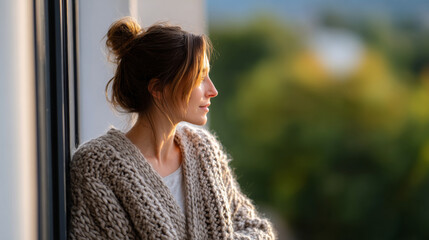 Young woman in cozy knitted sweater looking thoughtfully out of window with blurred green nature background