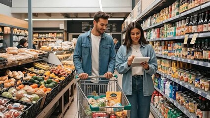 Couple happily shopping for groceries in supermarket aisle.