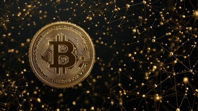 Golden Bitcoin coin with interconnected glowing nodes on a dark background Blockchain technology concept 100 characters