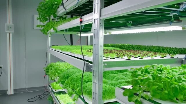 Indoor vertical farm with multiple levels of hydroponically grown crops
